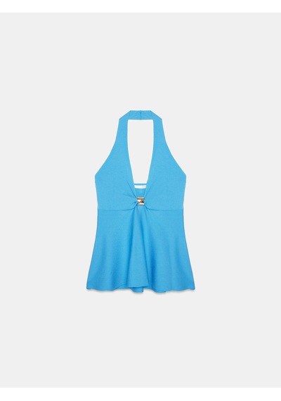 Dilvin 10787 Halter Yaka Peplum Triko Bluz-turkuaz