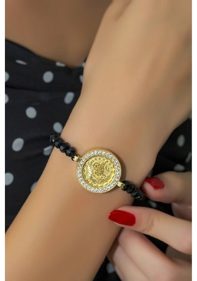 Safir Taşlı 8 Ayar Tuğralı Bileklik Siyah