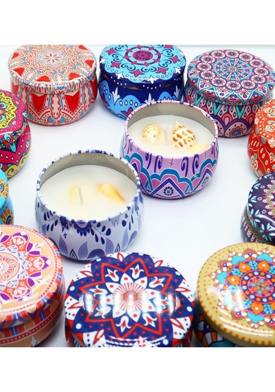 Mandala Desenli Metal Kutuda Büyük Boy Kokulu Mum Çok Renkli