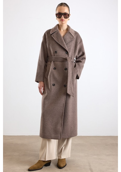 Olcay Oversize Düşük Kol Kruvaze Kaban Latte 3173 Krem