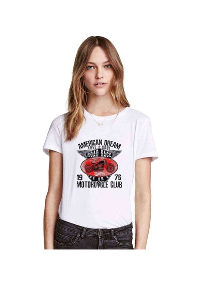 Motorcycle American Moto Dream Free Soul Baskılı Beyaz Kadın Tsh