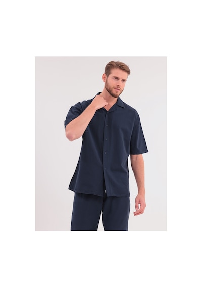 Erkek Siyah Keten Takım Oversize Gömlek & Pantolon 2'li Set Bağcıklı Rahat Yazlık Kombin Lacivert
