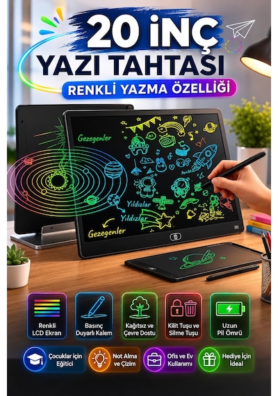 20 Inc Renkli Lcd Grafik Dijital Kalemli Çizim Tableti Yazı Tahta Not Yazma Eğitim Tableti Siyah