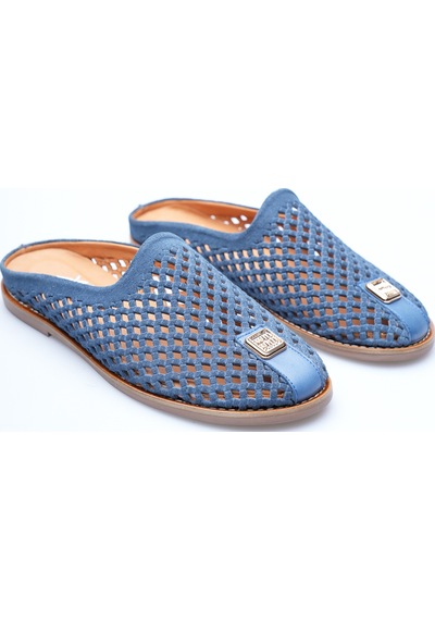 Analin Shoes Kadın Hakiki Deri Delikli Günlük Rahat Terlik Mavi