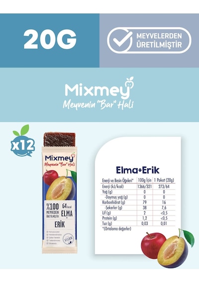 Mixmey Şeftali Erik Karma Meyve Barı 24 Adet | Atıştırmalıklar – Vegan, Glutensiz (20GR X 24 ADET)