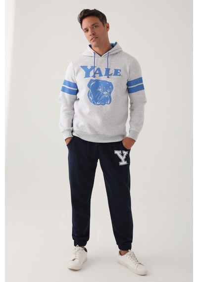 Yale Kar Melanj Kapüşonlu Ön Baskı Erkek Sweatshirt Kar Beyaz