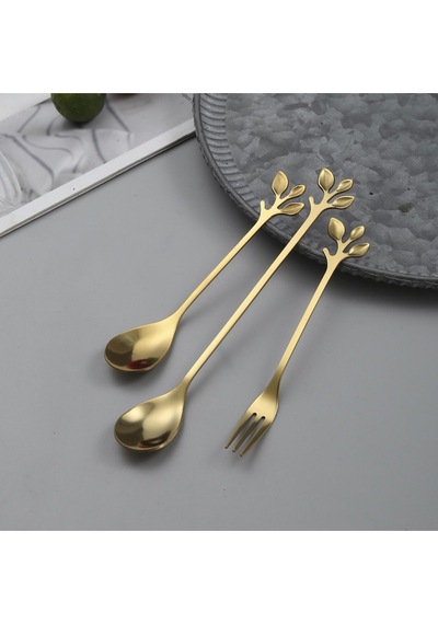 Jojobebek Yaprak Tasarımlı Gold Renk Paslanmaz Çelik Kaşık ve Çatal + Saklama Kutusu Sarı