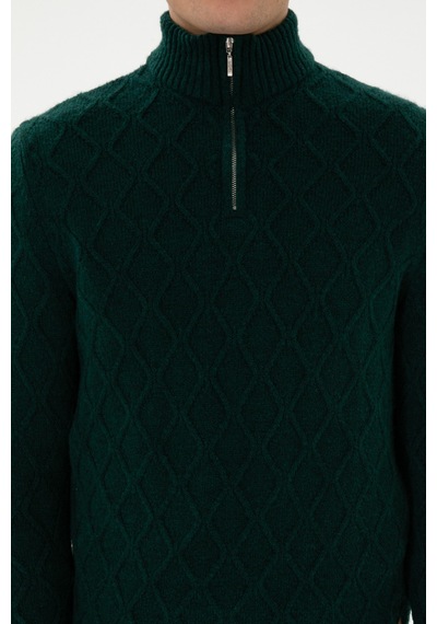 U.S. Polo Assn. Erkek Regular Fit Yarım Fermuarlı Desenli Koyu Yeşil Kazak 50315035-VR079