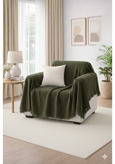 Sevhome Concept %100 Pamuk Kaymaz & Terletmez & Saçaklı & Yumuşak Koltuk Örtüsü-tek Ve Çift Kişilik Koltuklar İçin- 170 X 200 Cm Haki Yeşili