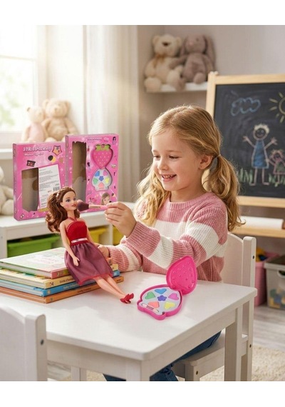 Çilek Desenli Aynalı 6 Renkli Boya Paletli 30cm Oyuncak Bebekli Makyaj Ve Bebek Oyun Seti