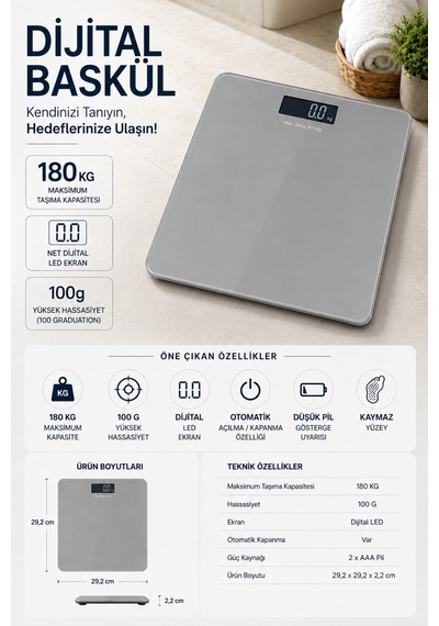 180 Kg Dijital Cam Baskül Elektronik Tartı Lcd Ekranlı Sıcaklık Göstergeli Hassas Vücut Tartısı Gri