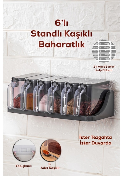 Porsima 1182 6 Lı Standlı Kendinden Yapışkanlı Kapaklı Kaşıklı Baharatlık Takımı -etiketli Baharatlık Antrasit