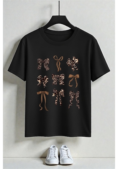 Uyguntarz Unisex Leopar Desenli Kurdeleler Baskılı Tasarım Tshirt Siyah