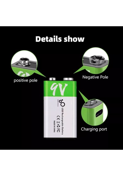 Type-c Şarj Edilebilir Li-ion 9v 650mah Pil