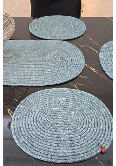 6 Lı Oval Supla 1 Runner 1 Dekoratif Ekmek Sepeti Seti Desenli Sunumluk Yemek Takımı Turkuaz