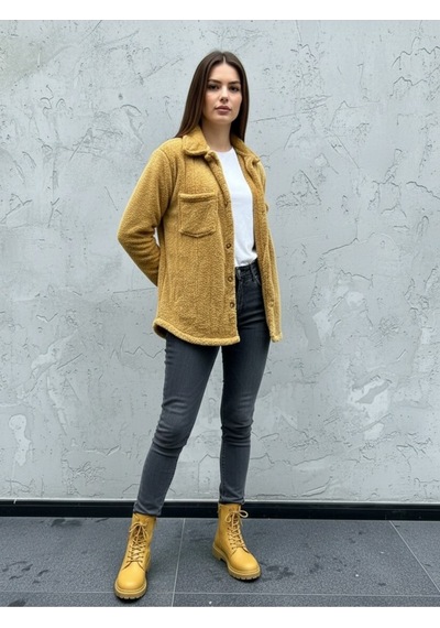 Kadın Slimfit Peluş, Polar, Düğmeli, Teddy Gömlek Yaka, Cepli, Sıcak Tutucu Yumuşak Kışlık Ceket Taba