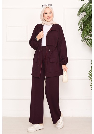 Butik Kadın Fermuarlı Cep Detaylı Tesettür Eşofman Takımı Bordo Bordo