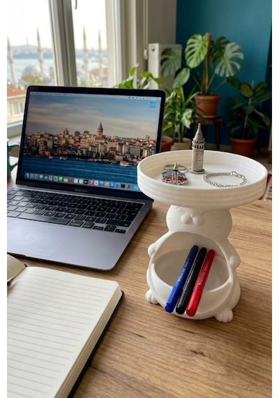 Sevimli Kedi Yuvalı Organizer Tepsili Masa Düzenleyici 15 X 17 Cm Beyaz