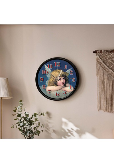 Vintage Melek Figürlü Dekoratif Duvar Saati 28 Cm Sessiz Mekanizma Çok Renkli