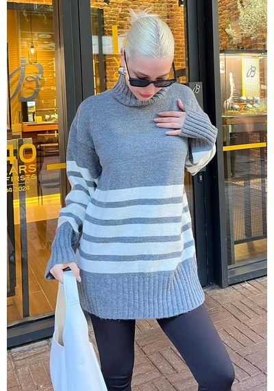 Madmext Gri Oversize Balıkçı Yaka Çizgili Kazak Mg2168 Gri