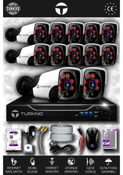 Turkno 12 Kameralı Pania 12 Dış Kamera Set 1 TB HDD Full HD Gece Görüşlü Güvenlik Kamerası Sistemi