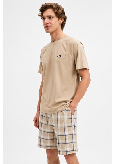Gd Goldoremi Erkek Pamuklu Rahat Kalıp Kısa Kollu Şortlu Pijama Takım Bej