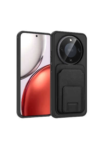 Honor Magic 8 Lite 5g Kılıf Arka Yüzey Kartlıklı Deri Doku Premium Tpu Silikon Standlı Özelliği Kapak Siyah