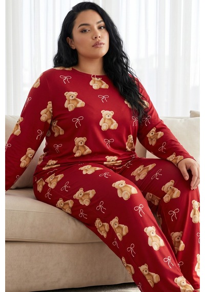 Siyah İnci Desenli Termal Kumaşlı Ultra Soft Yumuşak Büyük Beden Battal Boy Örme Pijama Takımı 26226720 Kırmızı