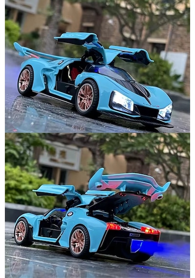 Sesli Işıklı Buhar Atan Metal Die Cast Model Mavi Spor Oyuncak Araba 20x8x5 Cm Çok Renkli