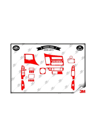 Honda Civic 2006-2011 Torpido Konsol Trim Göğüs Maun Kaplama Set 21 Parça Kırmızı