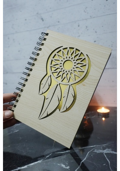 Rüya Kapanı Desenli Ahşap Kapaklı Defter - Ajanda - Günlük - Notebook Düz Çizgisiz