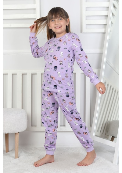 Uzun Kollu Cute Cat Desenli Kız Çocuk Pijama Takımı Mor