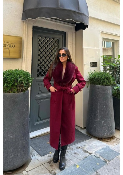 Dip Moda Kadın Kaşe Kumaş Cepli Yaka Kürklü Tam Boy Kuşaklı Kaban Dpstr1003 Bordo