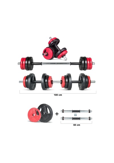 Spor Yıldız Serisi 12 Kg Multifonksiyonel Kırmızı Siyah Halter Seti Ve Dambıl Seti