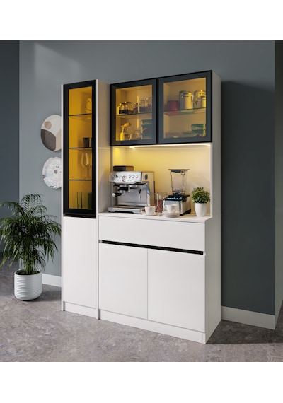 Lotus Midi Sol Vitrinli Kahve Köşesi Komple Mdf Led Mutfak Dolabı Beyaz