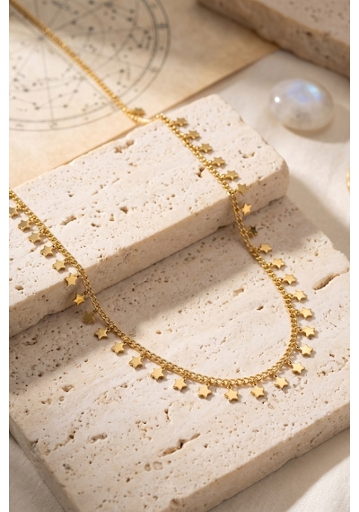 Gold Renk Yıldız Pul Model 60 Cm Kadın Kolye Açık Kahverengi