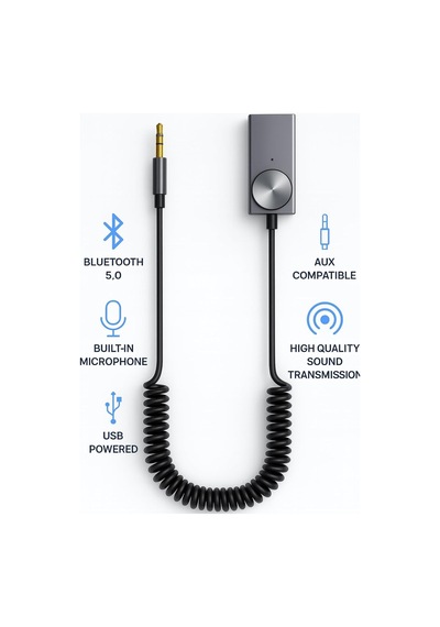 Aux Bluetooth 5.0 Alıcı Adaptör Mikrofonlu Usb Beslemeli Araç Ve Ev Tipi Ses Sistemlerine Uyumlu Spiral Kablo Aux To