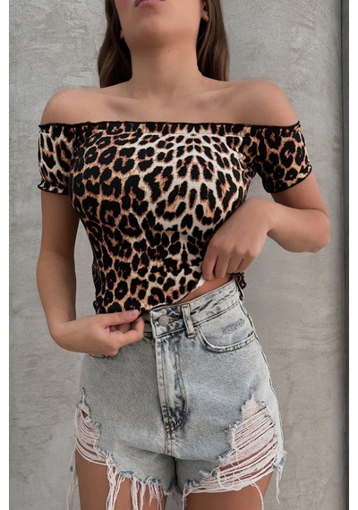 Lesa Wear Leopar Desenli Soft Touch Kayıkçı Yaka Basic Crop Bluz LEOPAR