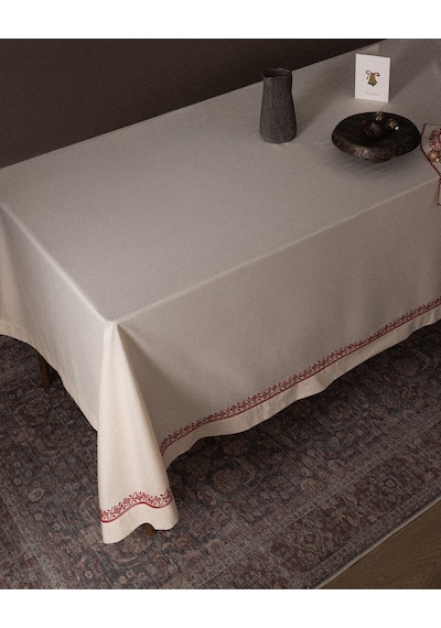 Madame Coco Ombrelot %100 Pamuk Masa Örtüsü - Ekru/kırmızı - 150x220 Cm 8684427298190 Çok Renkli