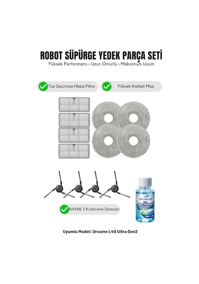 Dreame L40 Ultra Gen2 İle Uyumlu 4 Yan Fırça 4 Filtre 4 Mop 1 Deterjan 2.0