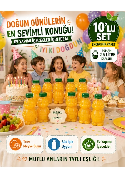 10'lu Set Şeffaf Kaplumbağa Şişe Yeşil Kapaklı Pet İçecek Şişesi Çocuk Beslenme Matarası 250 Ml