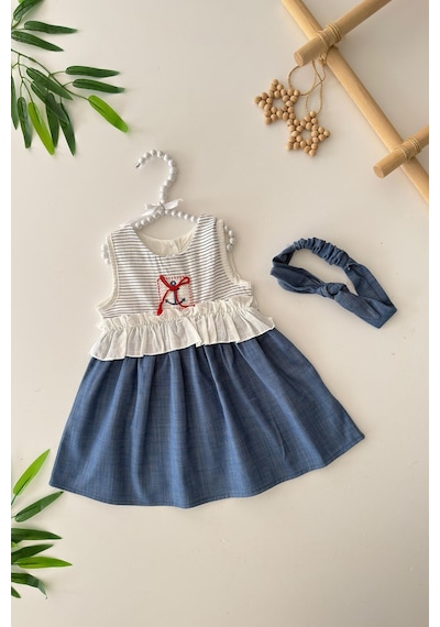 Miniğimin Cicileri Denizci Desen Kız Bebe Bandanalı Elbise - Mavi