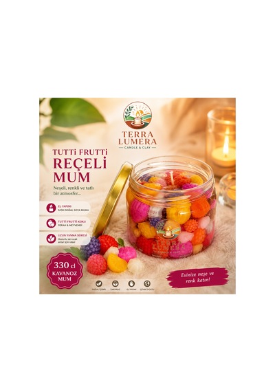 Tutti Frutti Reçeli Kokulu Dekoratif Mum 330 Cc Kavanoz Mum Çok Renkli