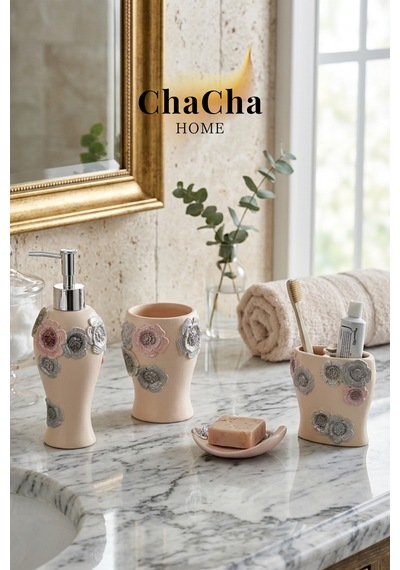 Lüks Seramik Banyo Seti 4 Parça Kabartmalı Floral Çeyizlik Dekoratif Banyo Takımı Pudra
