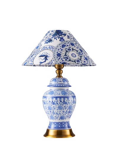 Sanwi Blue Blanc Desenli Seramik Oturma Odası Salon Abajur Lacivert