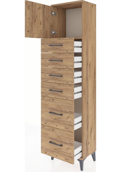 Arges Dolap Tek Raflı 6 Çekmeceli Tek Kapaklı 44x30x182 Çam-çam Çam