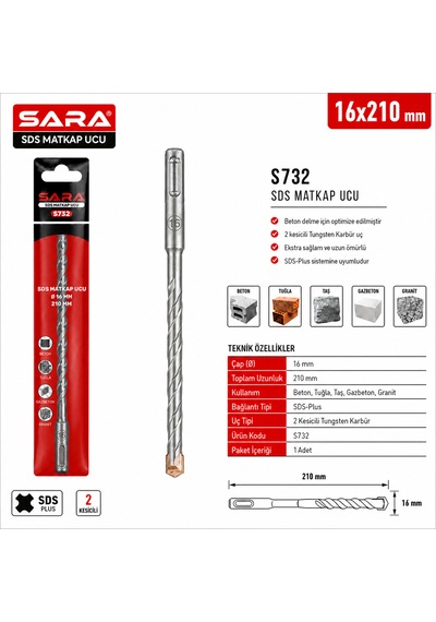 Sara S732 Sds Plus Matkap Ucu 16 X 210 Mm, 2 Kesicili Tungsten Karbür Uçlu