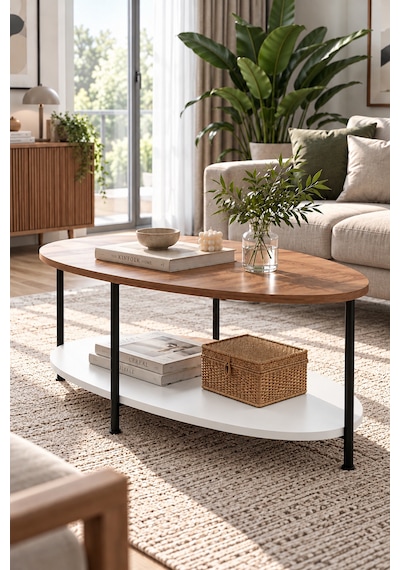 Oval Orta Sehpa 90 Cm İki Katlı Raflı Metal Ayaklı Modern Dekoratif Salon Sehpası Çam - Beyaz Oval Orta Sehpa 90 Cm İki Katlı Raflı Metal Ayaklı Modern Dekoratif Salon Sehpası Çam - Beyaz