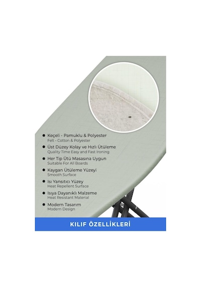 Ütü Masası Kılıfı Örtüsü Bezi, Yeşil Eskitme Desenli Süngerli Ve Keçeli, Yanmaz, Ayarlanabilir 48x138 Cm
