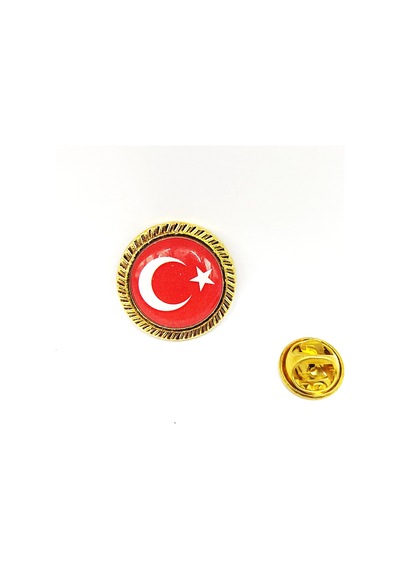 Yuvarlak Gold Renkli Türk Bayraklı Yaka Rozeti - 1 Adet Kırmızı